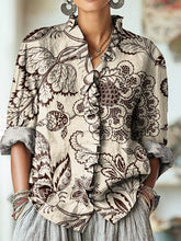 Women's Vintage Ethnic Floral Line Drawing Art Print Casual Cotton And Linen Ruffle Shirt